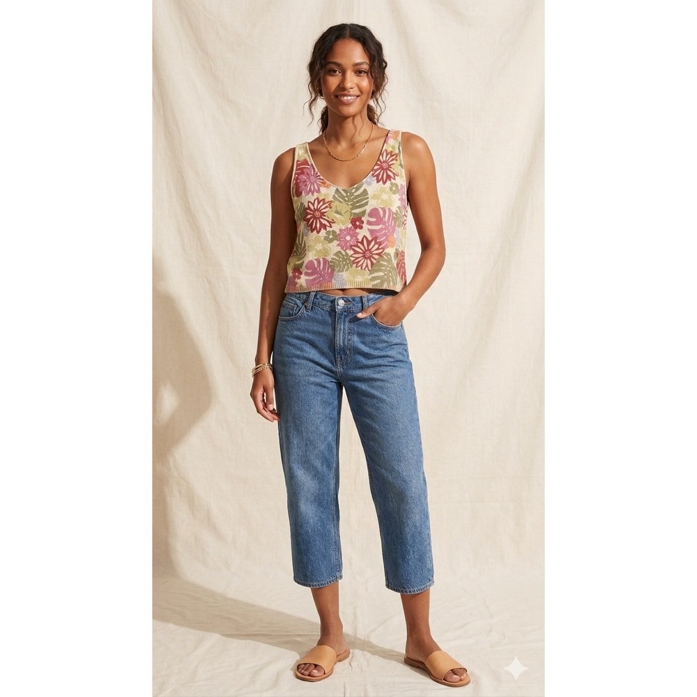 SOblue Sigrid Olsen Petite Small Tropical Floral Knit Tank Top V-Neck Cotton